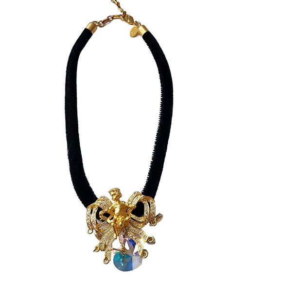 Kirks Folly Necklace Rare Cherub Bow Heart Black Velvet Choker Chandelier Vtg - Picture 1 of 9